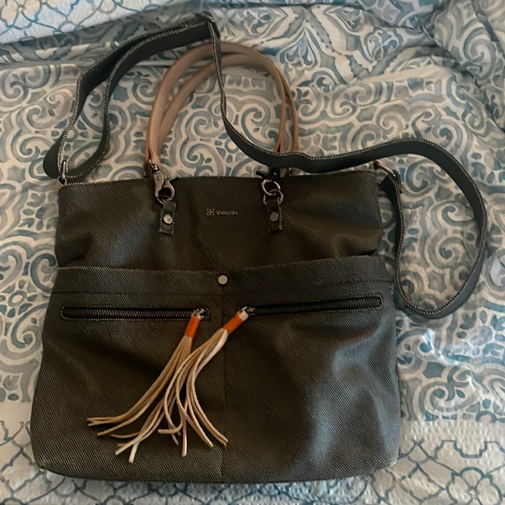 Sherpani black/grey Crossbody Tote with Tan Handles